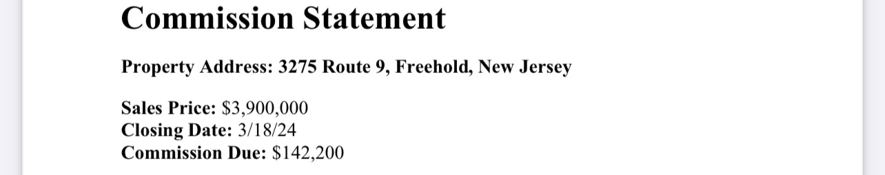 Commission statement for $142,200 on $3.9M Freehold deal