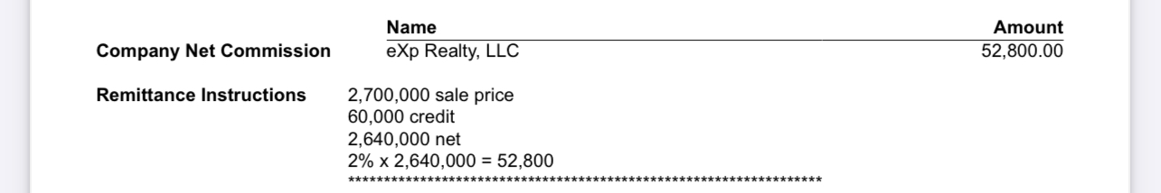 eXp Realty net commission of $52,800 on $2.7M sale