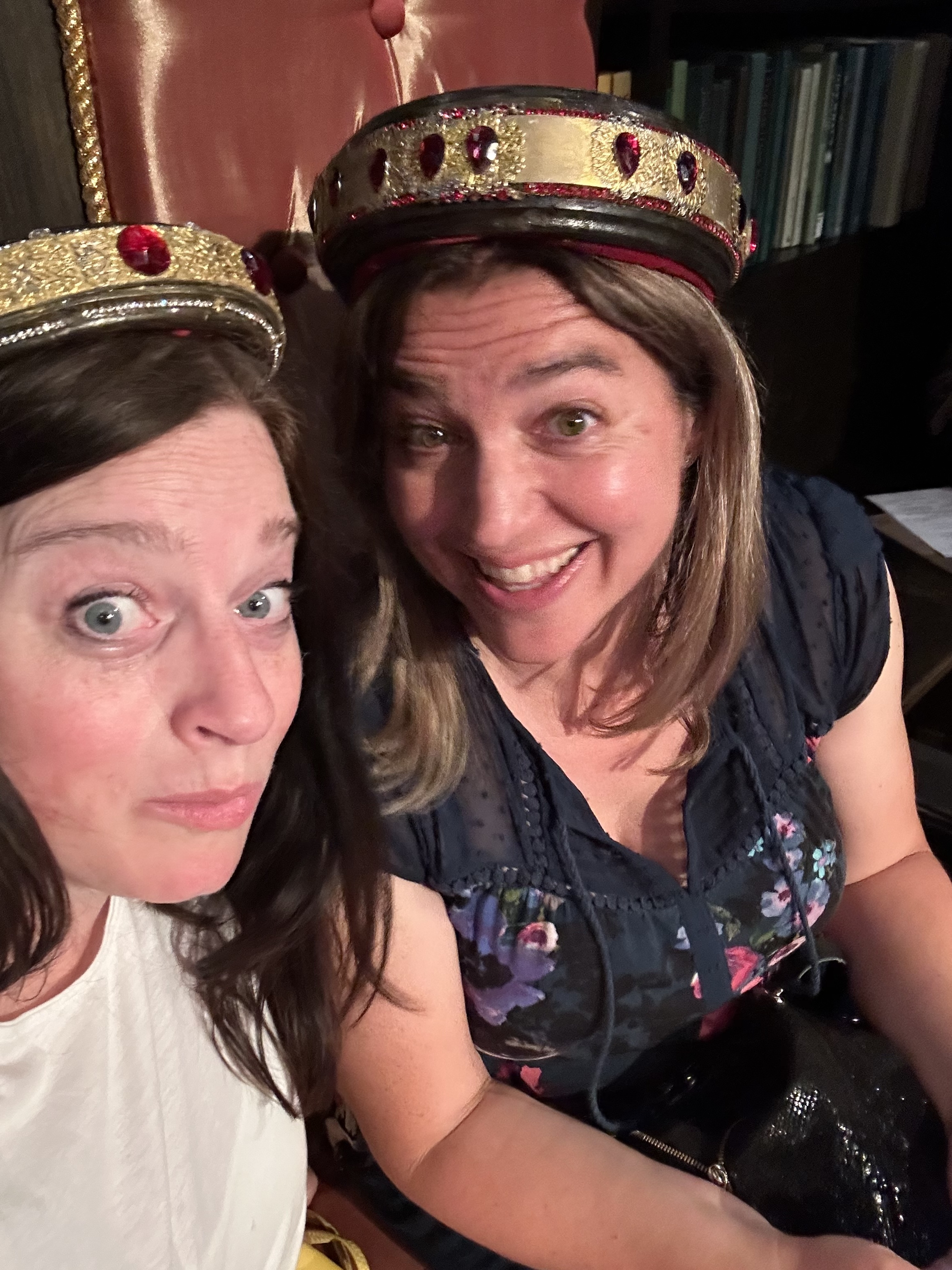 Allie and Lynn in paper crowns at Drunk Shakespeare