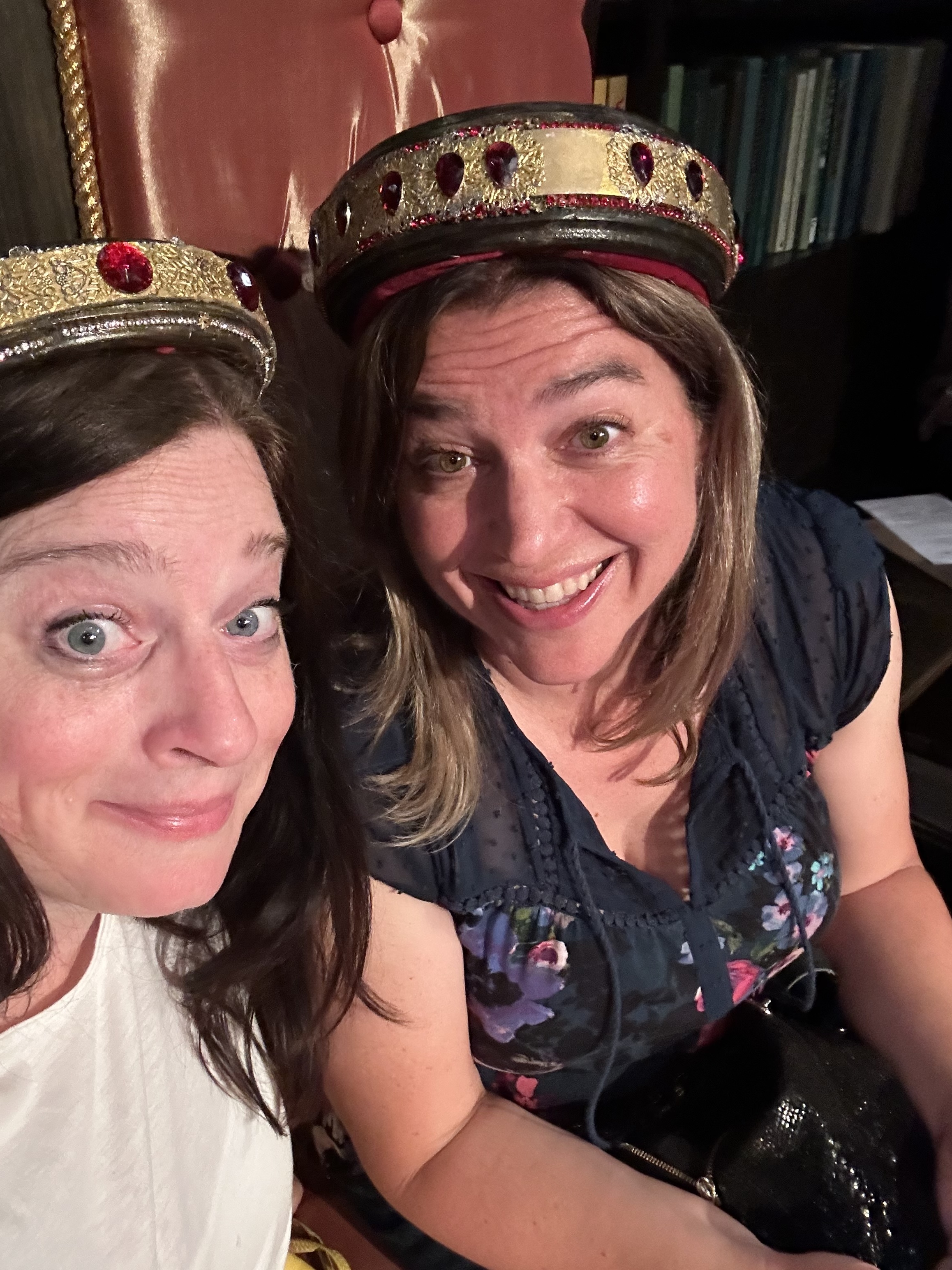 Allie and Lynn in paper crowns at Drunk Shakespeare