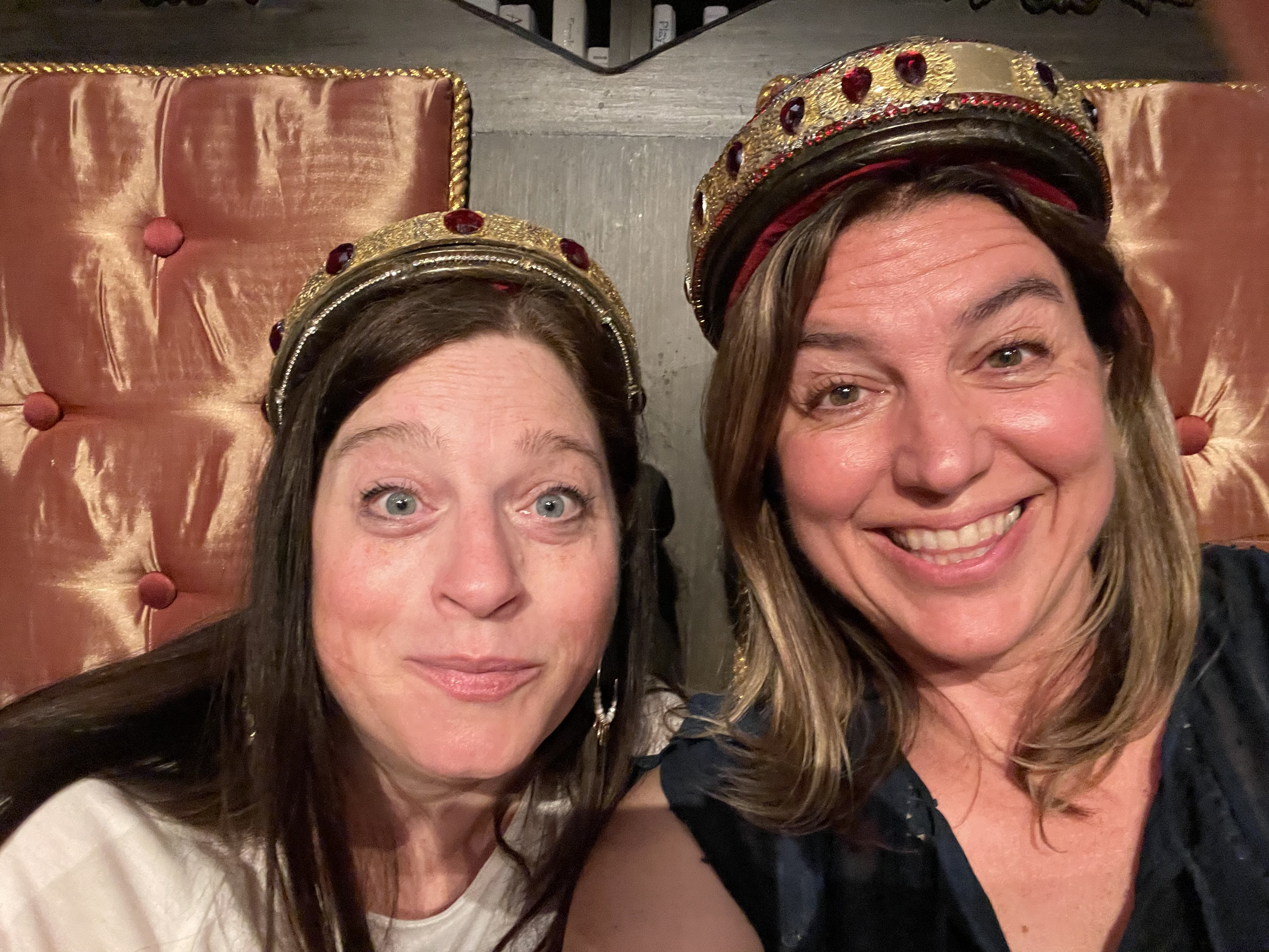 Allie and Lynn in paper crowns at Drunk Shakespeare