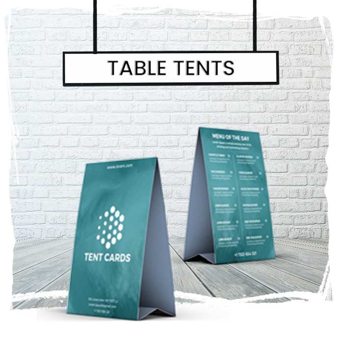 Freestanding table tents for restaurants events and retail counter promotions