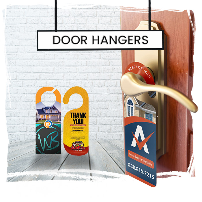 Custom door hangers printed on durable card stock for direct marketing