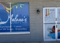 Malone's Sports and Print storefront window graphics and vinyl lettering