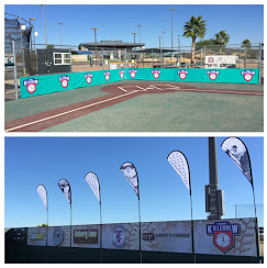 Sports complex outdoor banner installation with teardrop flags and dugout wraps