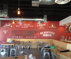 Pizza restaurant interior wall mural bold red background vintage typography