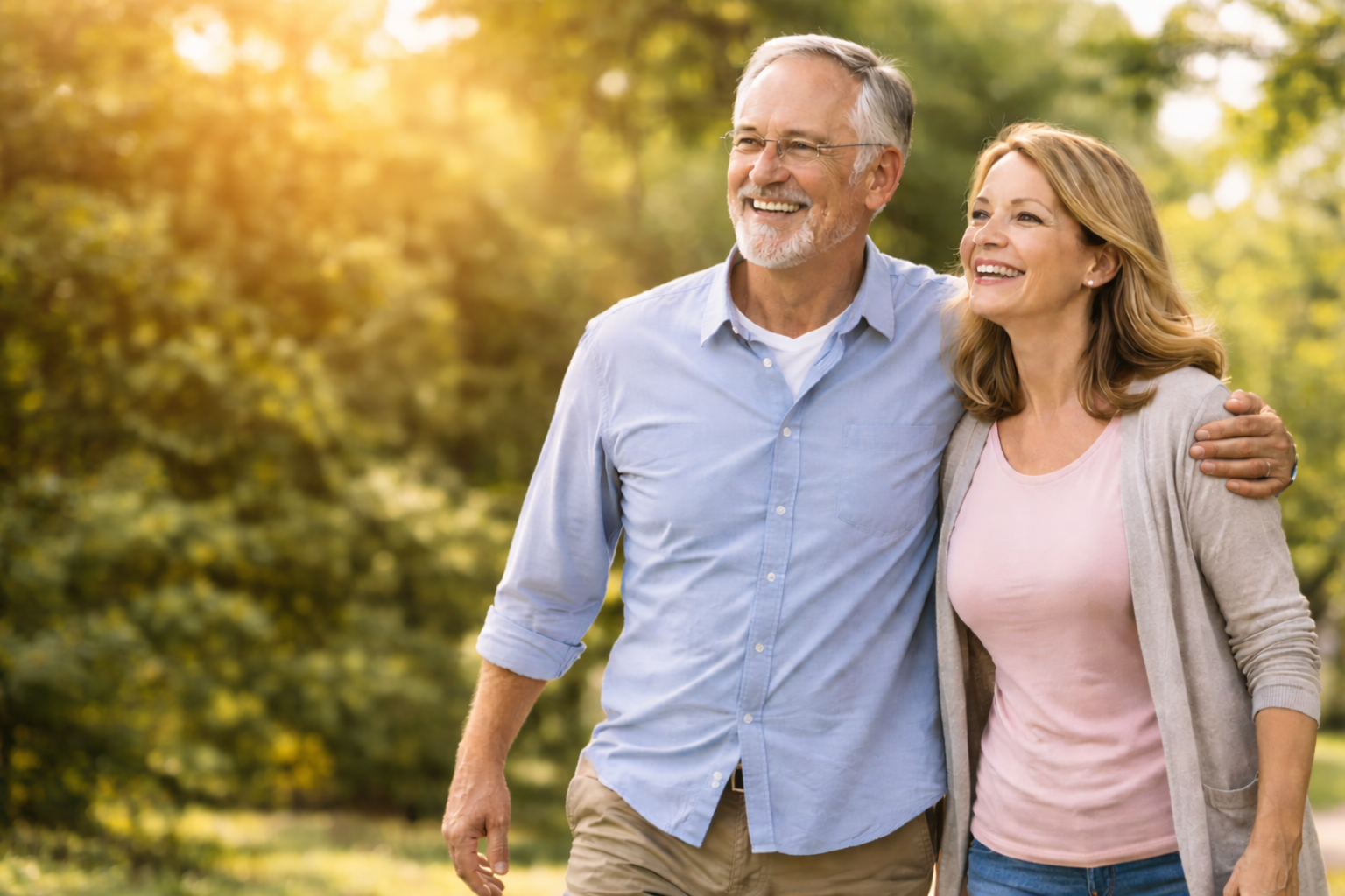 Middle-aged couple walking arm in arm in a sunlit park, representing preventive healthcare, long-term wellness, reduced health risks, and improved quality of life.