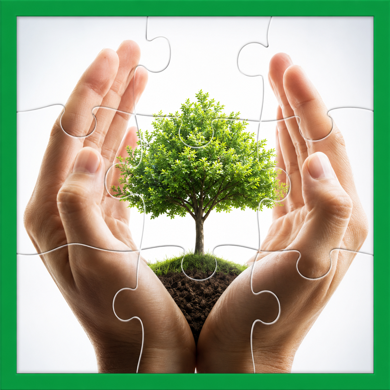 Two hands encompassing a growing tree in soil, presented as a puzzle with all the pieces put together