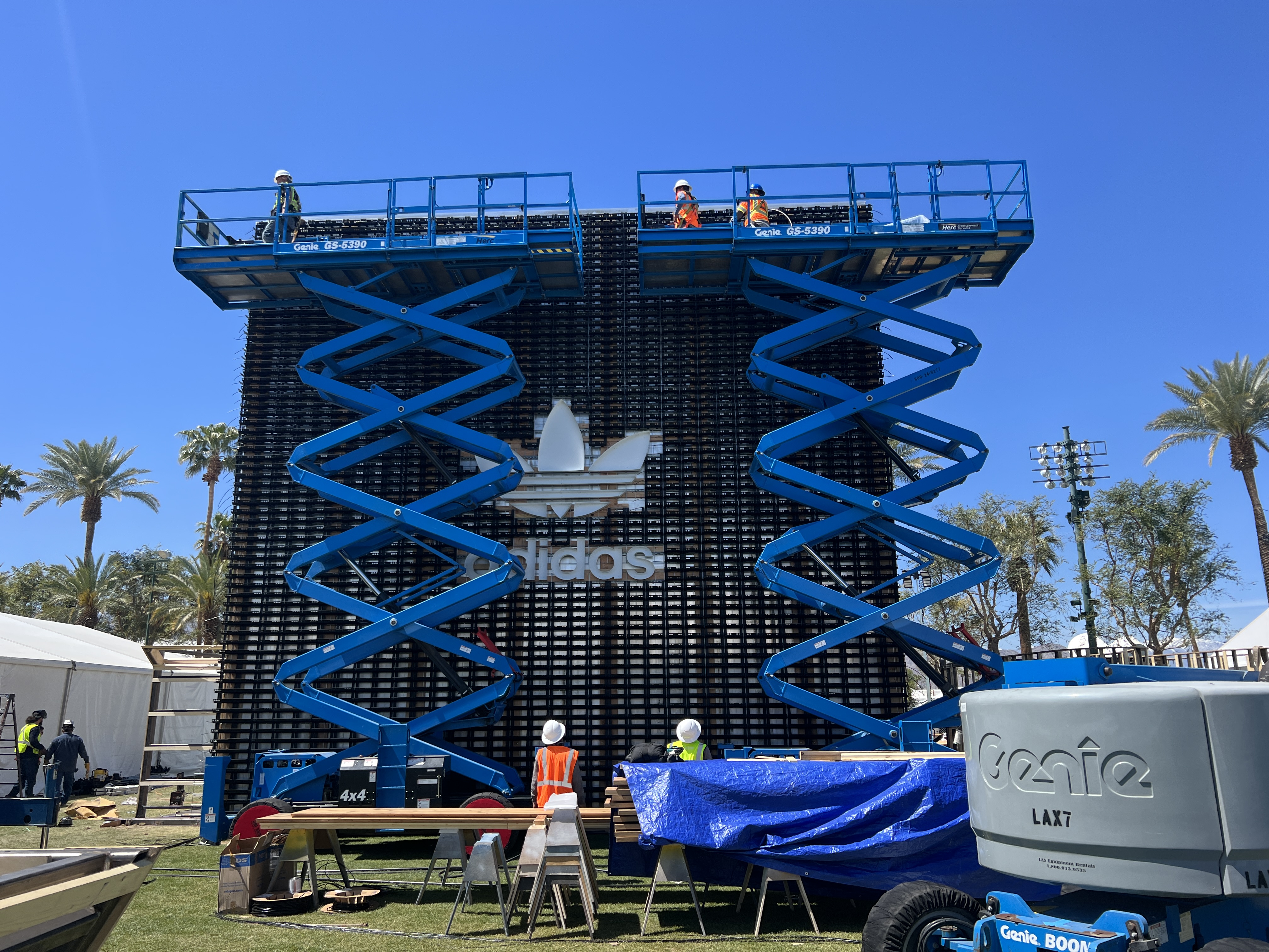 Construction of Adidas x Bad Bunny Coachella living wall structure