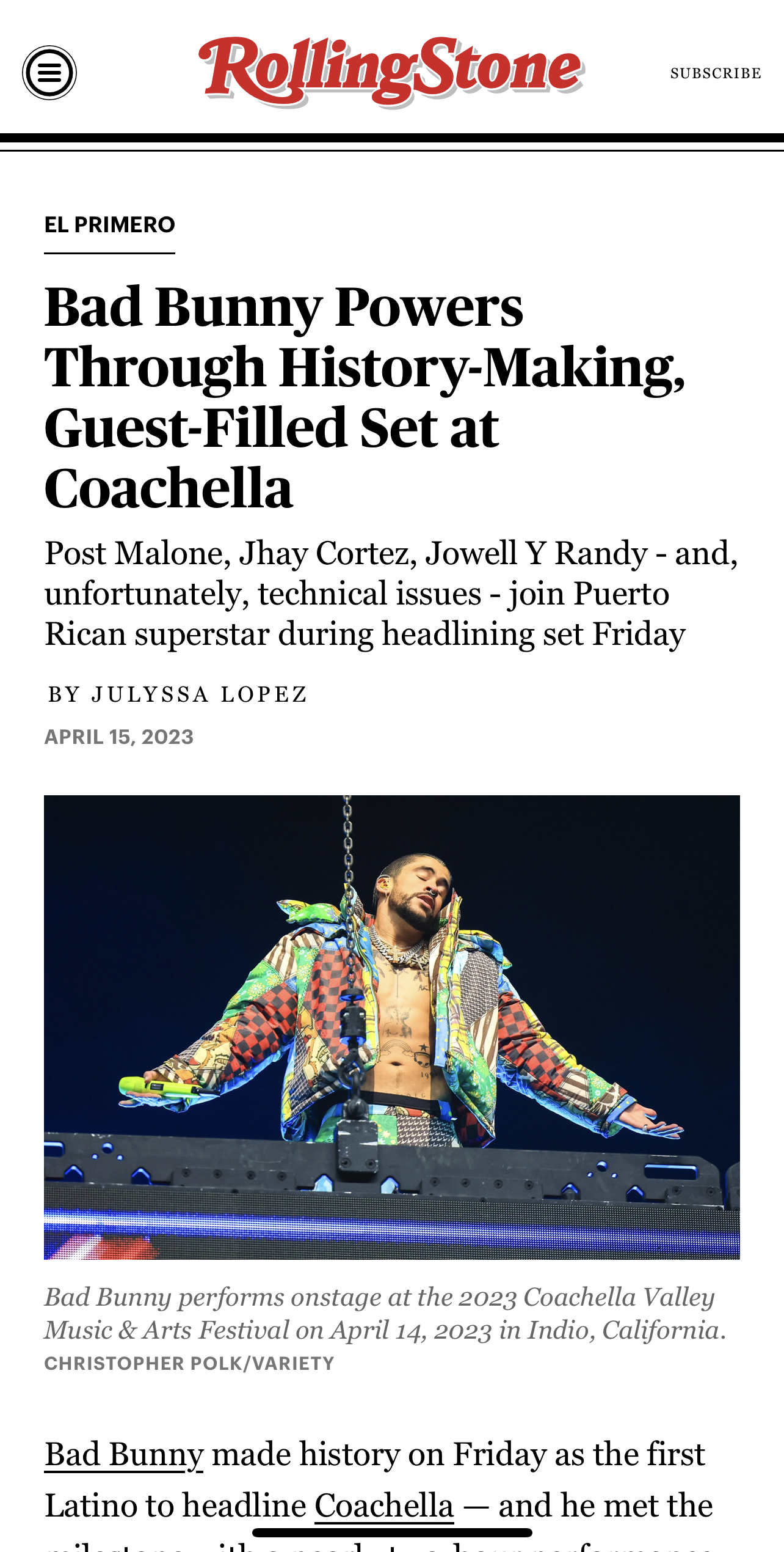 Rolling Stone coverage of Bad Bunny Coachella