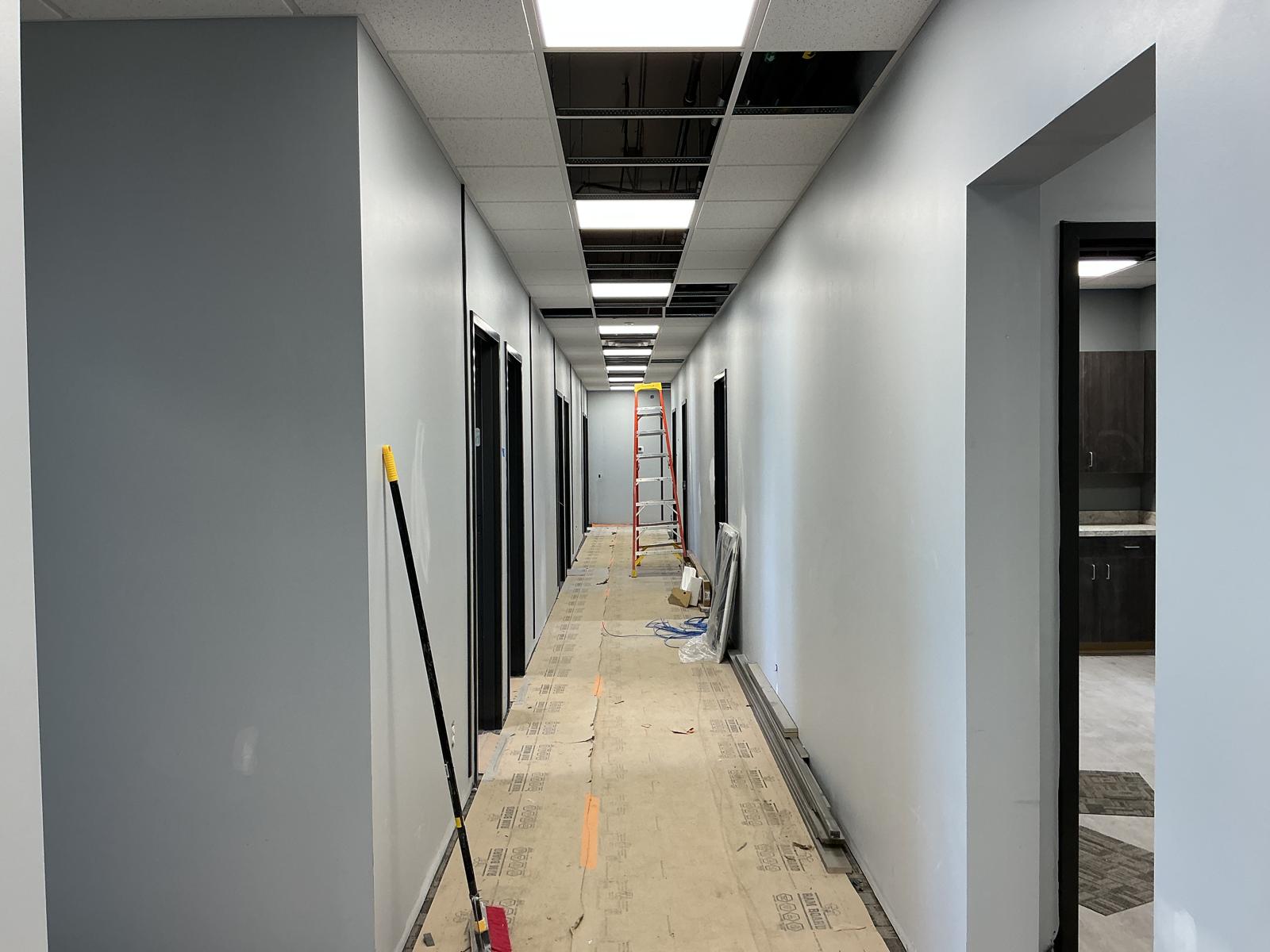 Hallway with fresh light gray-blue paint and dark door frames