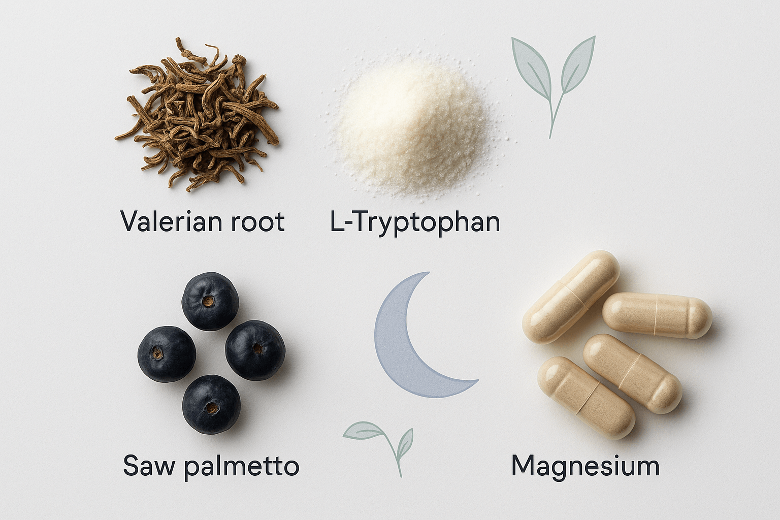 Key natural ingredients in Pitch Black sleep supplement - valerian root, L-tryptophan, saw palmetto, and magnesium