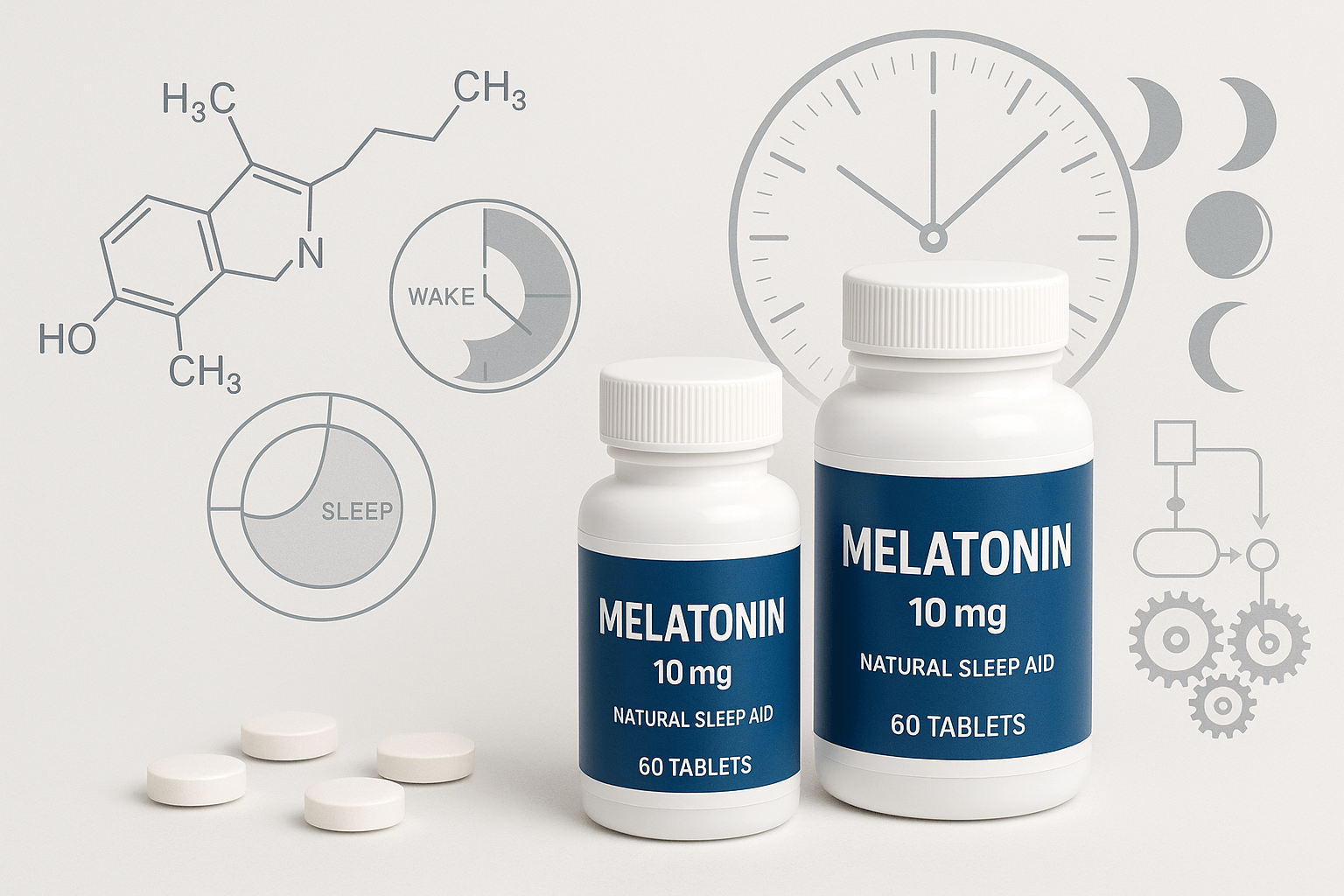Melatonin supplements with scientific illustration of circadian rhythm and sleep-wake cycle regulation