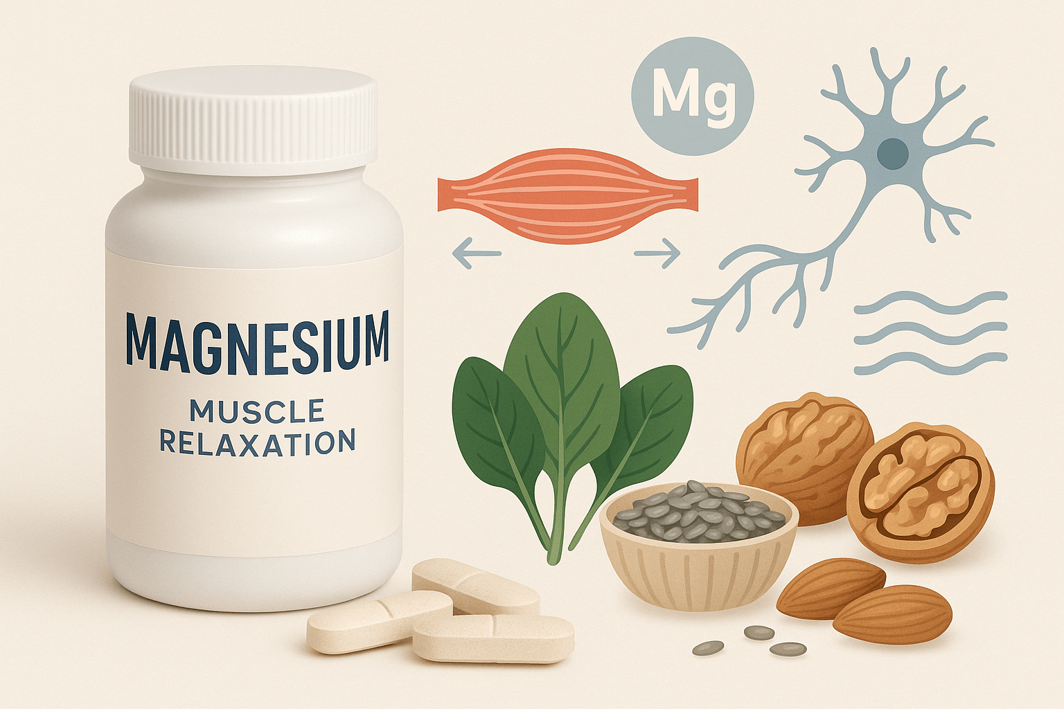 Magnesium supplements with scientific illustration showing muscle relaxation and nervous system calming effects