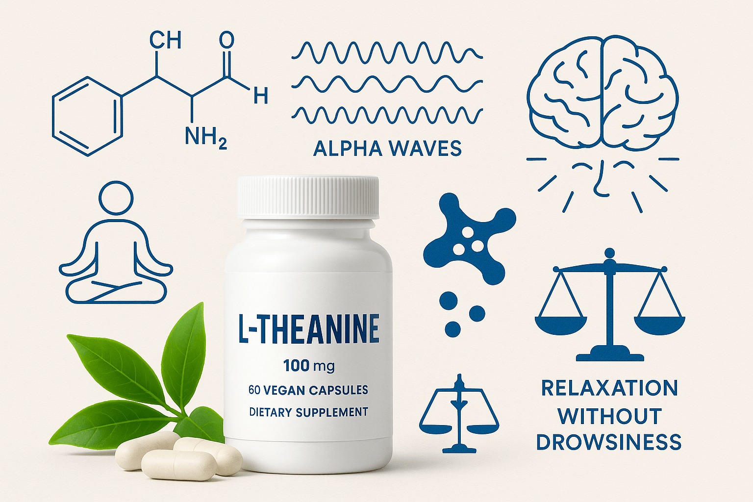 L-Theanine supplements with tea leaves and brain wave patterns showing calm focus without drowsiness