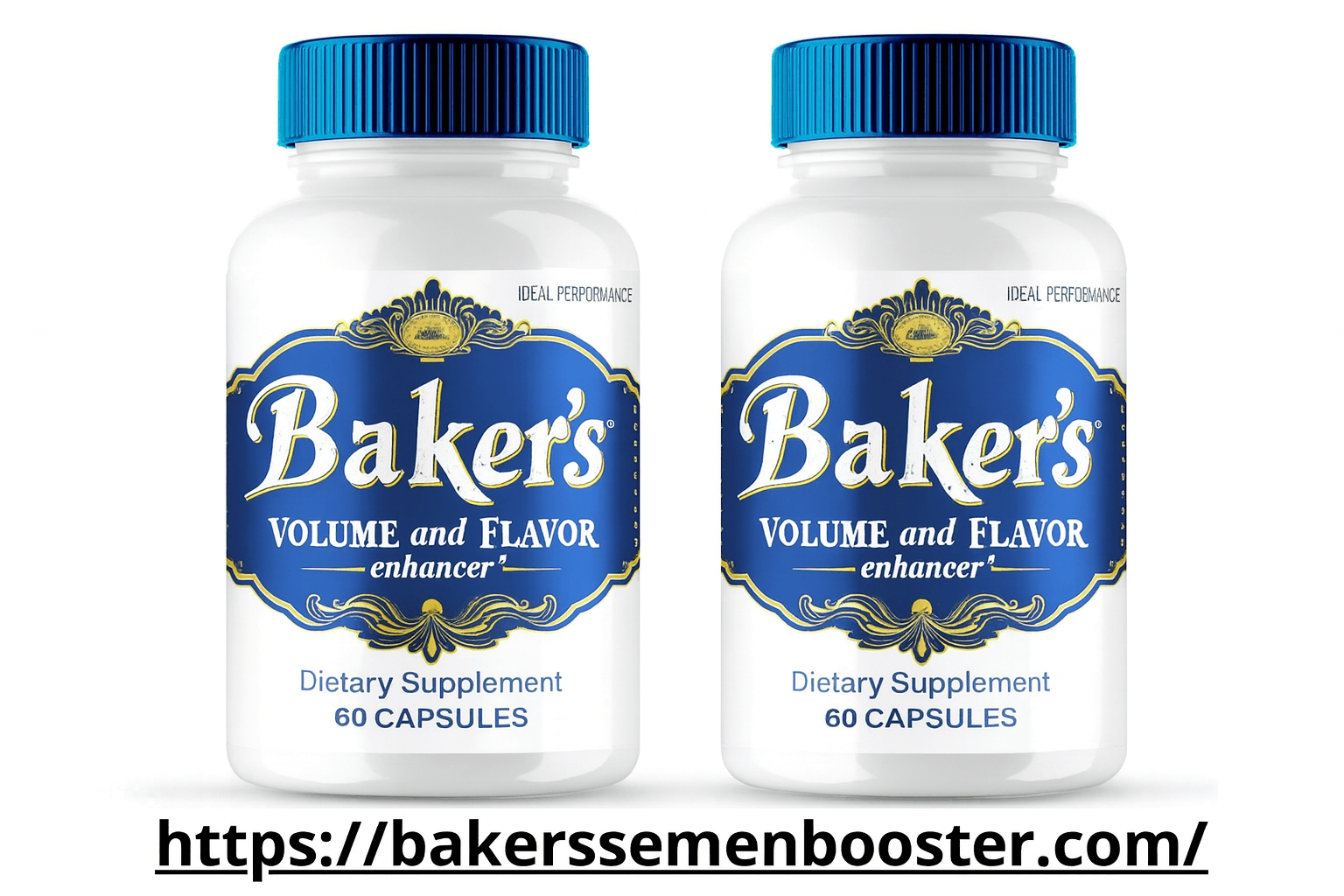 Two Baker's Semen Booster supplement bottles with blue caps showing 60 capsules dietary supplement - bakerssemenbooster.com