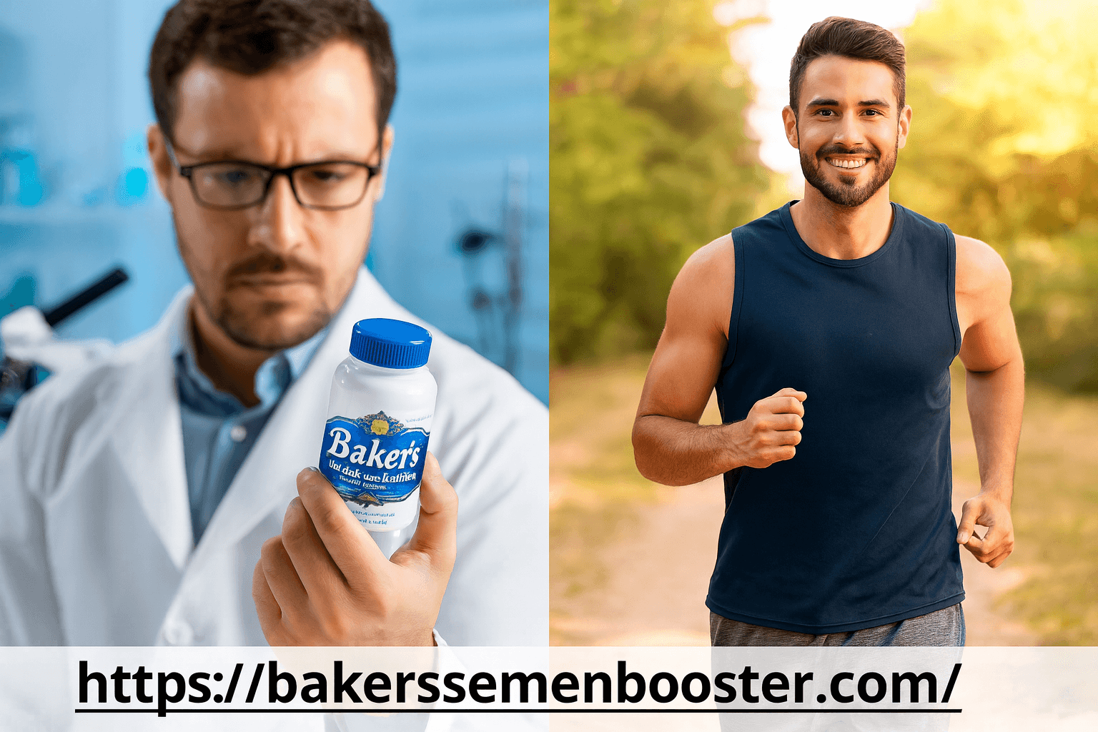 Baker's Semen Booster vs Natural Methods - Scientist with supplement and jogger comparison