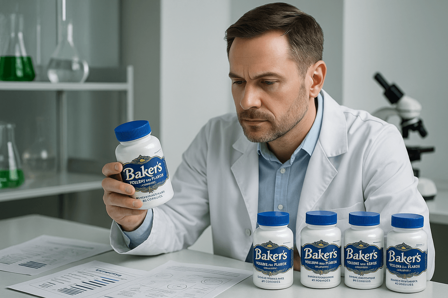 Scientist in lab coat analyzing Baker's Semen Booster supplement bottles with research documents on laboratory desk
