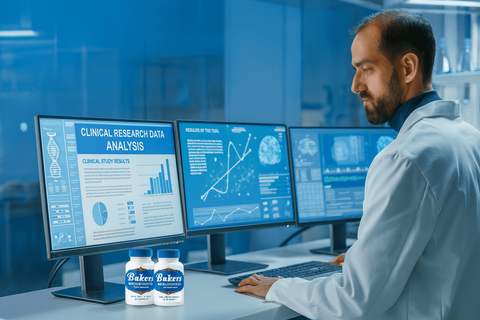 Scientist analyzing clinical research data on computer screens with Baker's Semen Booster supplement bottles in laboratory