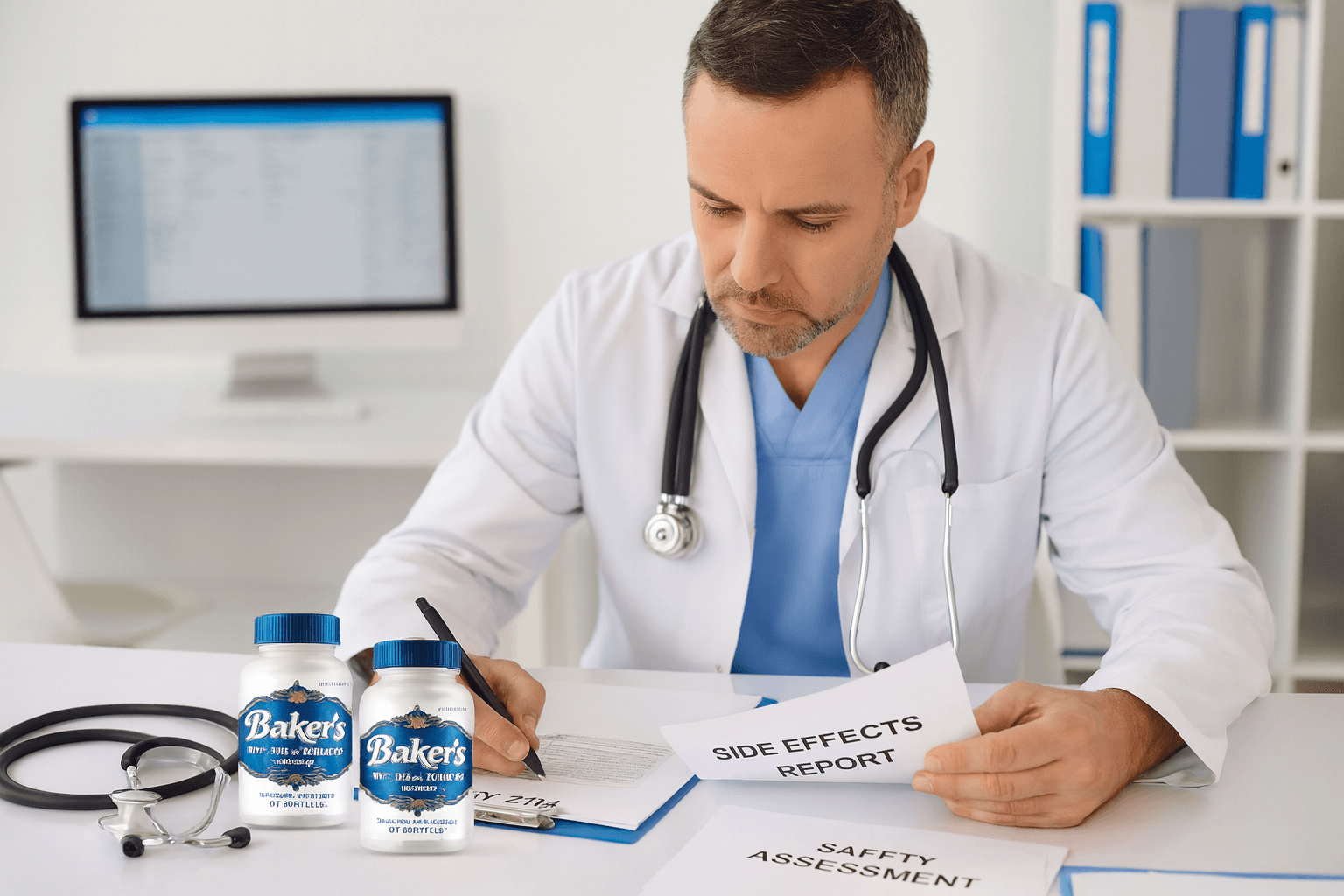 Healthcare provider conducting comprehensive risk assessment and safety review of Baker's Semen Booster
