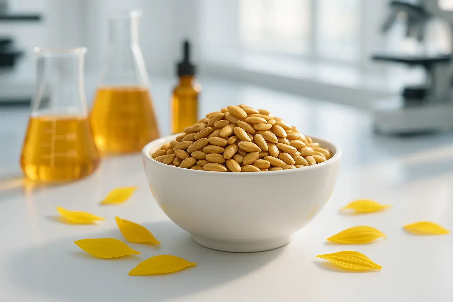 Sunflower lecithin seeds in laboratory bowl showing natural ingredients for enhanced bioavailability supplement