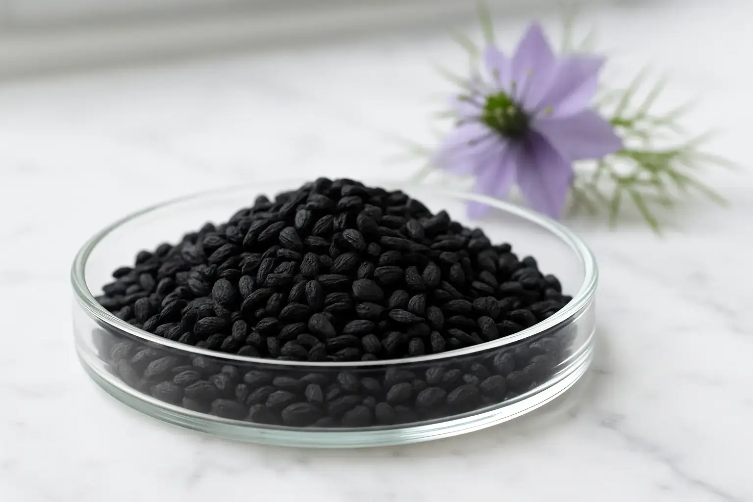 Black seed Nigella Sativa extract in glass dish showing natural ingredient for male hormonal health and fertility support