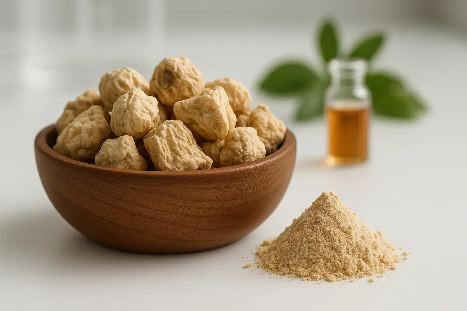 Maca root extract in wooden bowl showing natural adaptogenic ingredient for libido enhancement and sexual stamina