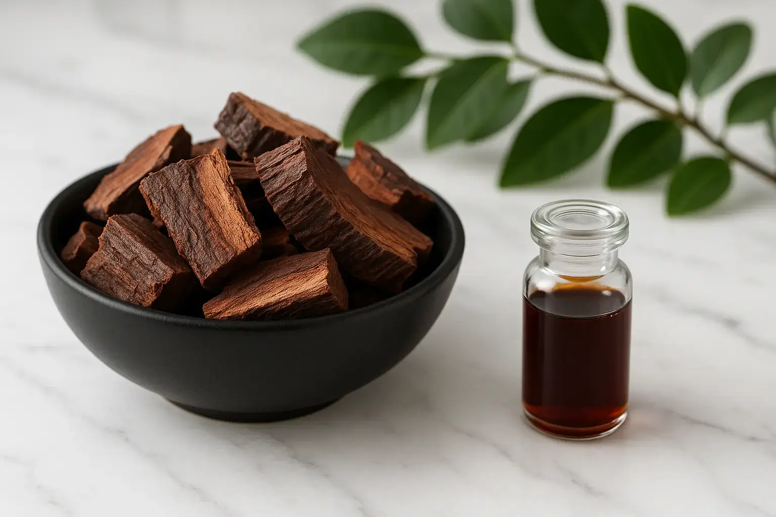 Pygeum bark extract in black bowl showing natural ingredient for prostate comfort and urinary flow support