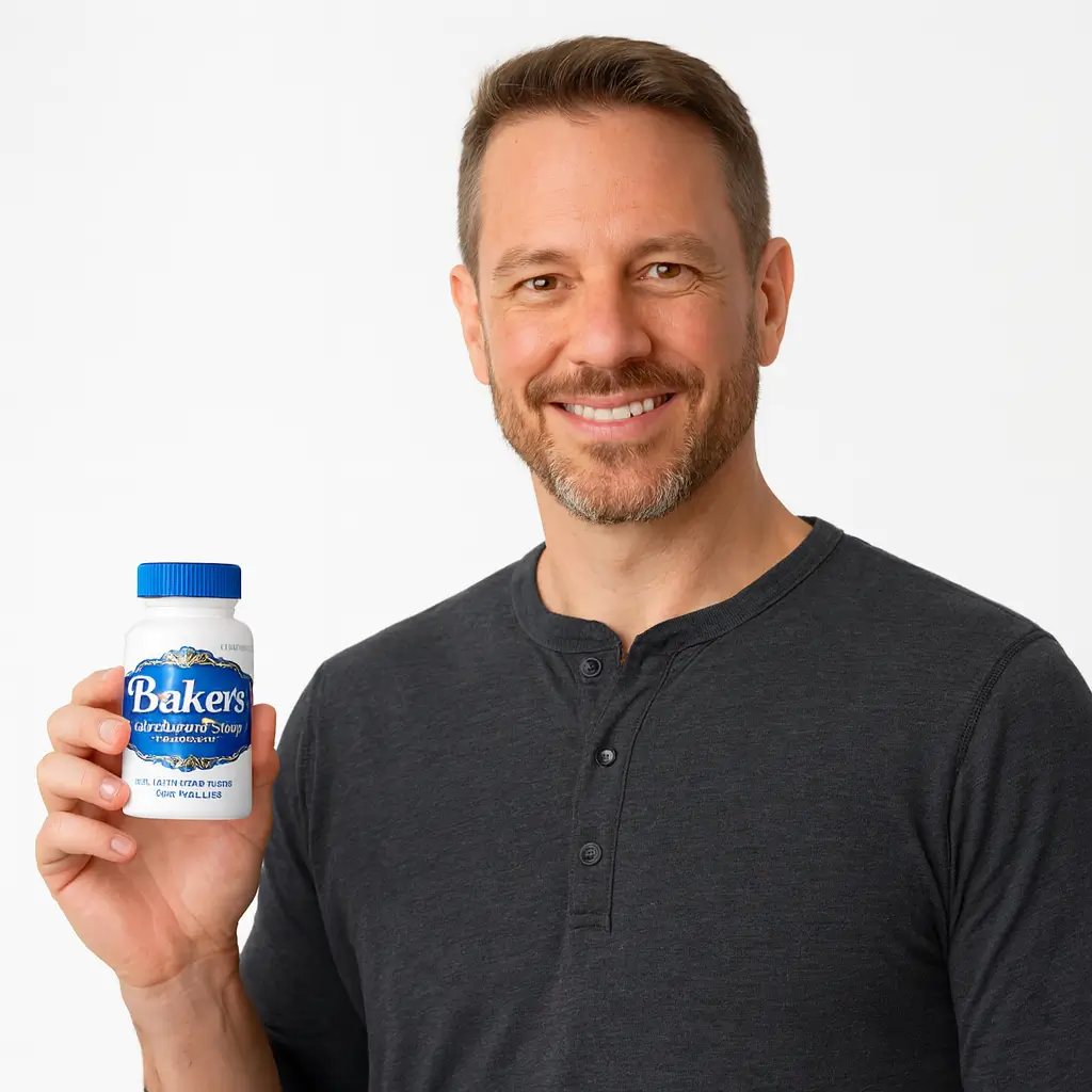 Marcus Wellington from Seattle holding Baker's Volume and Flavor Enhancer dietary supplement bottle customer testimonial