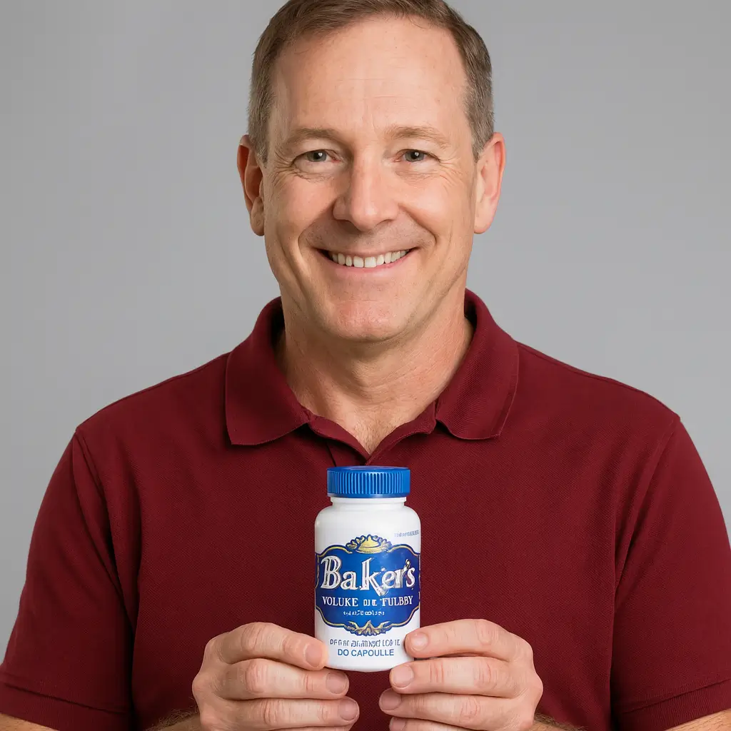 Derek Ashford from Austin Texas holding Baker's Volume and Flavor Enhancer supplement customer testimonial photo