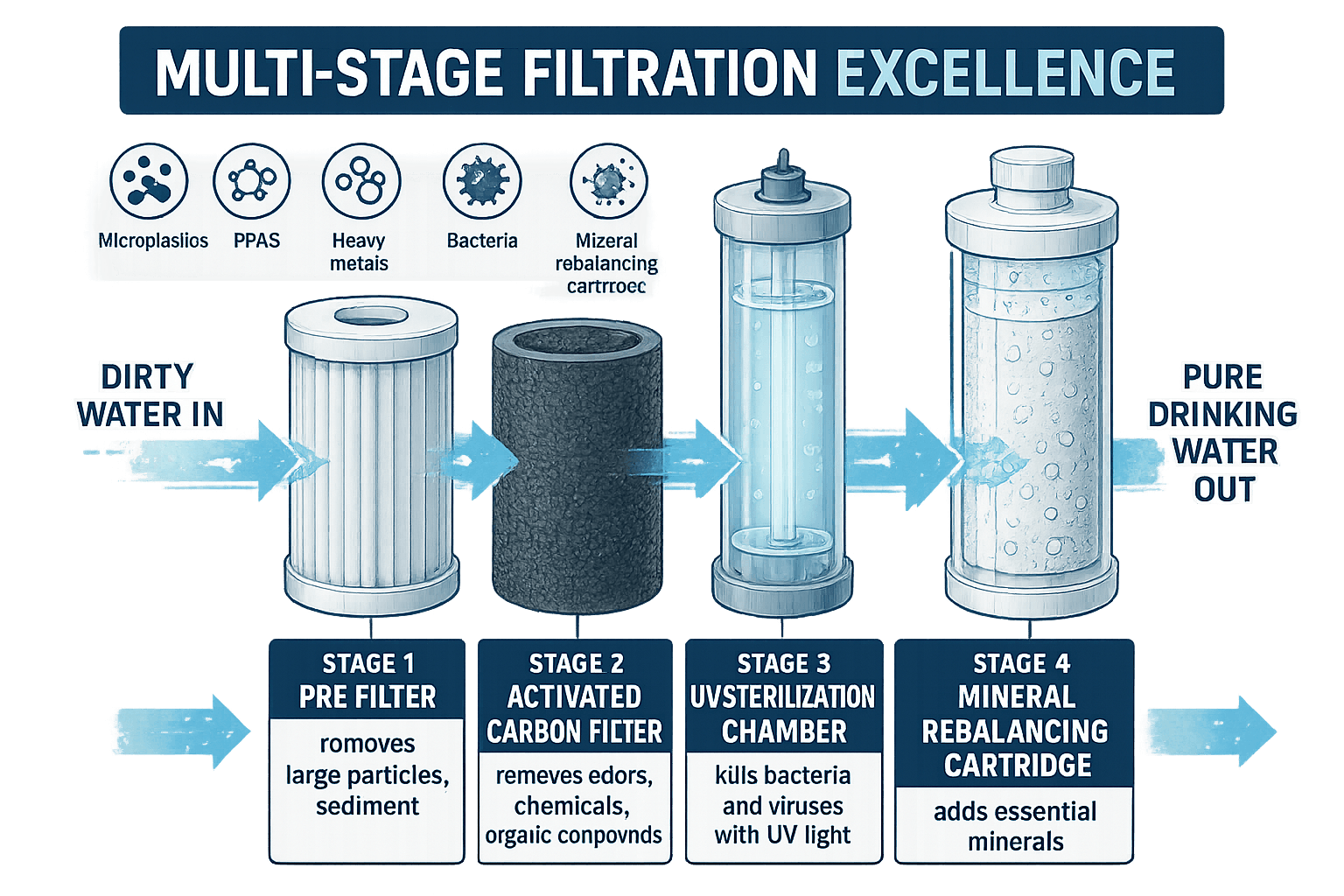 Multi-Stage Filtration System - Aqua Tower Water Purification Process Diagram