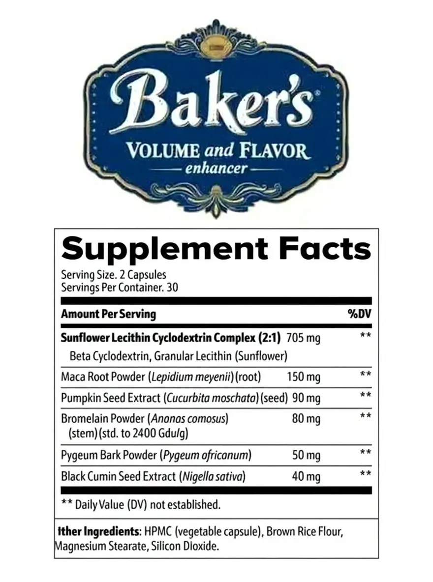 Bakers Volume and Flavor Enhancer supplement facts label showing ingredients and dosages