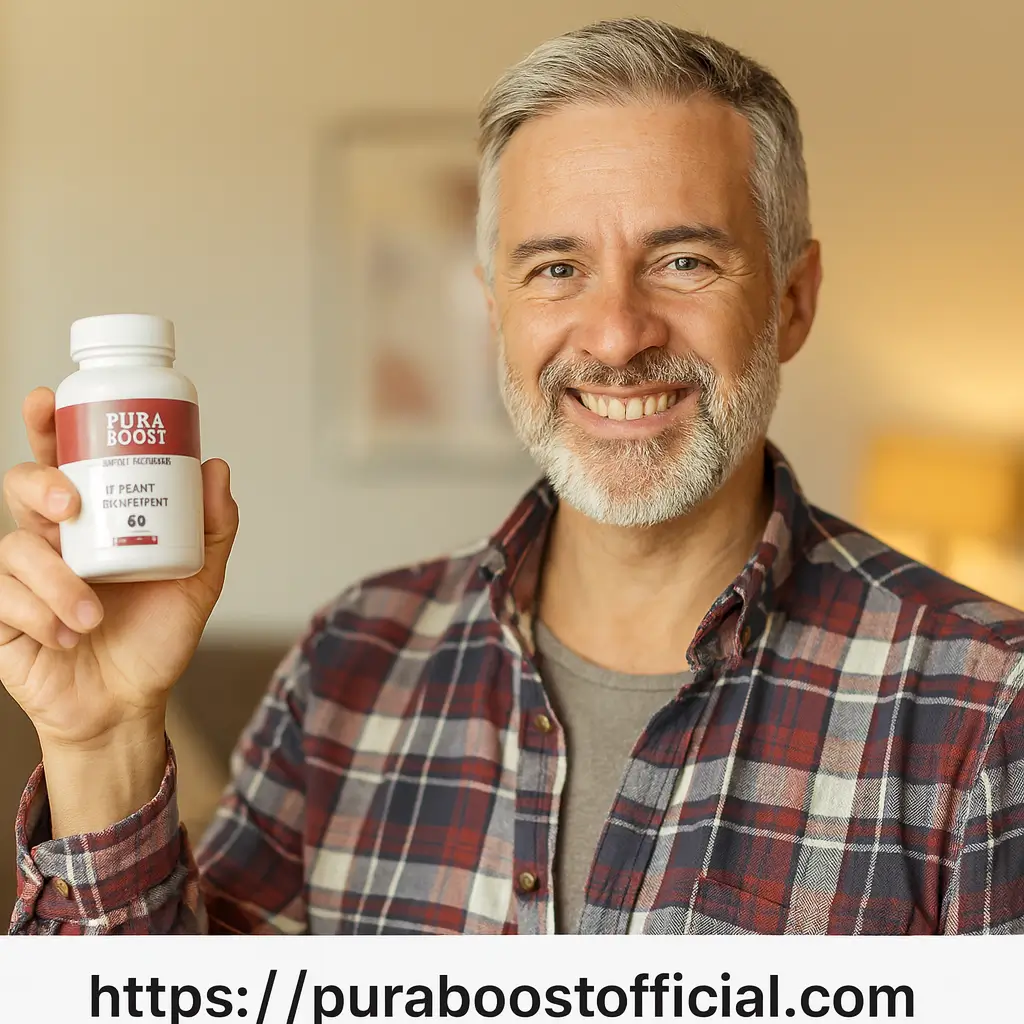 Mike T.from Houston holding Pura Boost male vitality supplement - 5-star verified testimonial review showing real results with 60 capsules natural formula