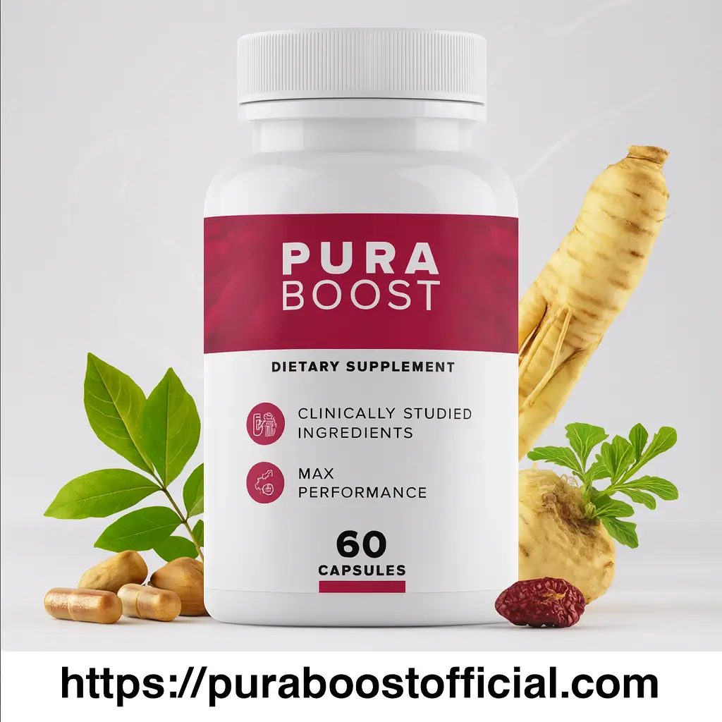 Pura Boost natural male vitality supplement bottle with clinically studied ingredients including L-Arginine, Panax Ginseng, Maca Root, and Horny Goat Weed - 60 capsules dietary supplement for energy, stamina and male performance