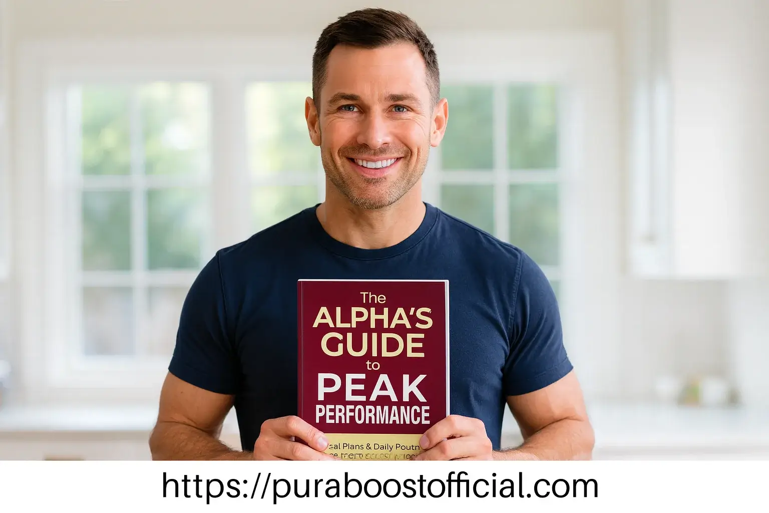 Man holding The Alpha's Guide to Peak Performance bonus ebook - free 30-day meal plan and supplement protocol included with Pura Boost male vitality supplement purchase