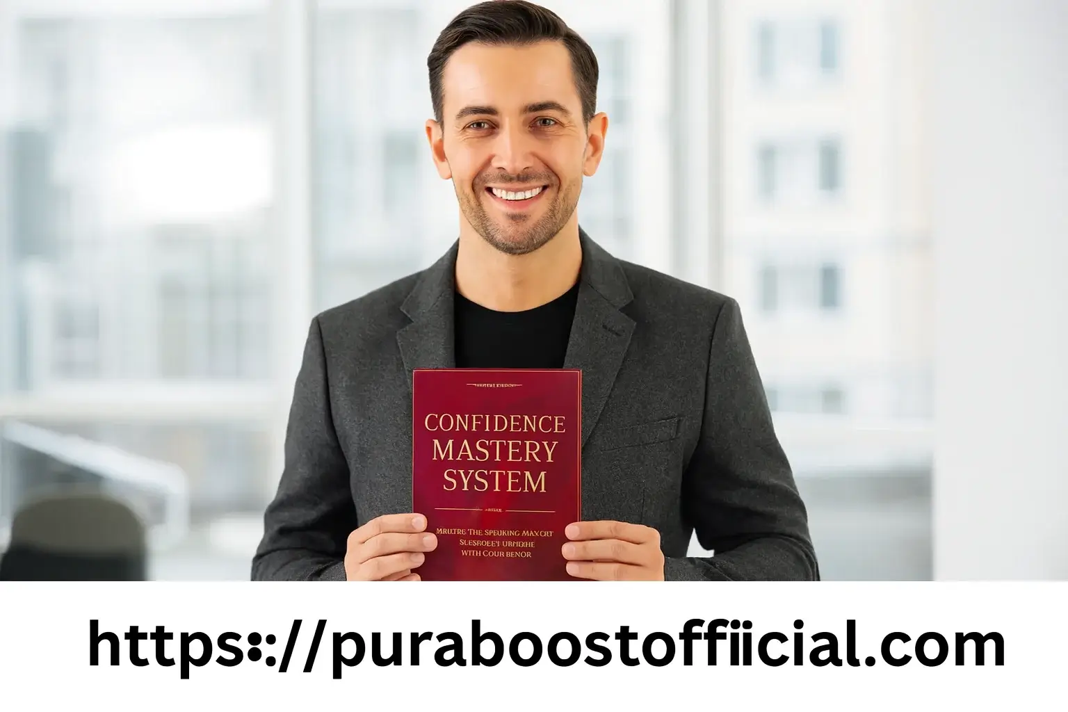 Man holding Confidence Mastery System bonus ebook - free mindset techniques, communication strategies and personal branding guide included with Pura Boost male vitality supplement purchase