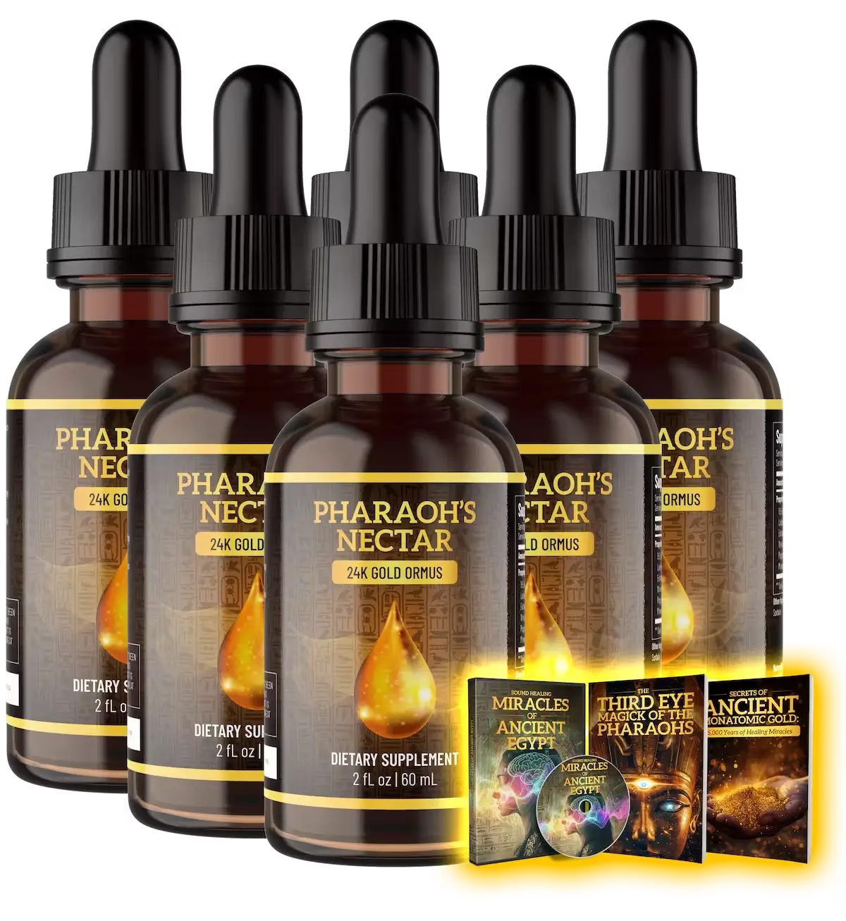 Pharaoh's Nectar XT Official - Premium monoatomic gold liquid supplement bottle with ancient Egyptian formula for mental clarity, energy, and spiritual awakening