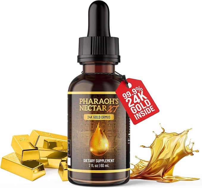 Pharaoh's Nectar supplement bottle - Ancient Egyptian monoatomic gold elixir for cognitive function, mental clarity, and holistic health support
