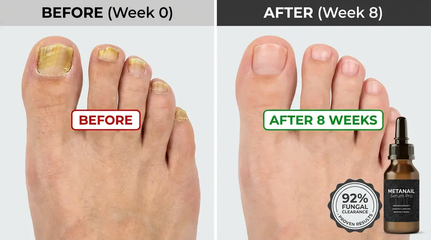 Customer showing significant nail fungus clearance after 8 weeks using MetaNail Serum Pro with 92% fungal elimination verified by podiatrist - before and after toenail transformation