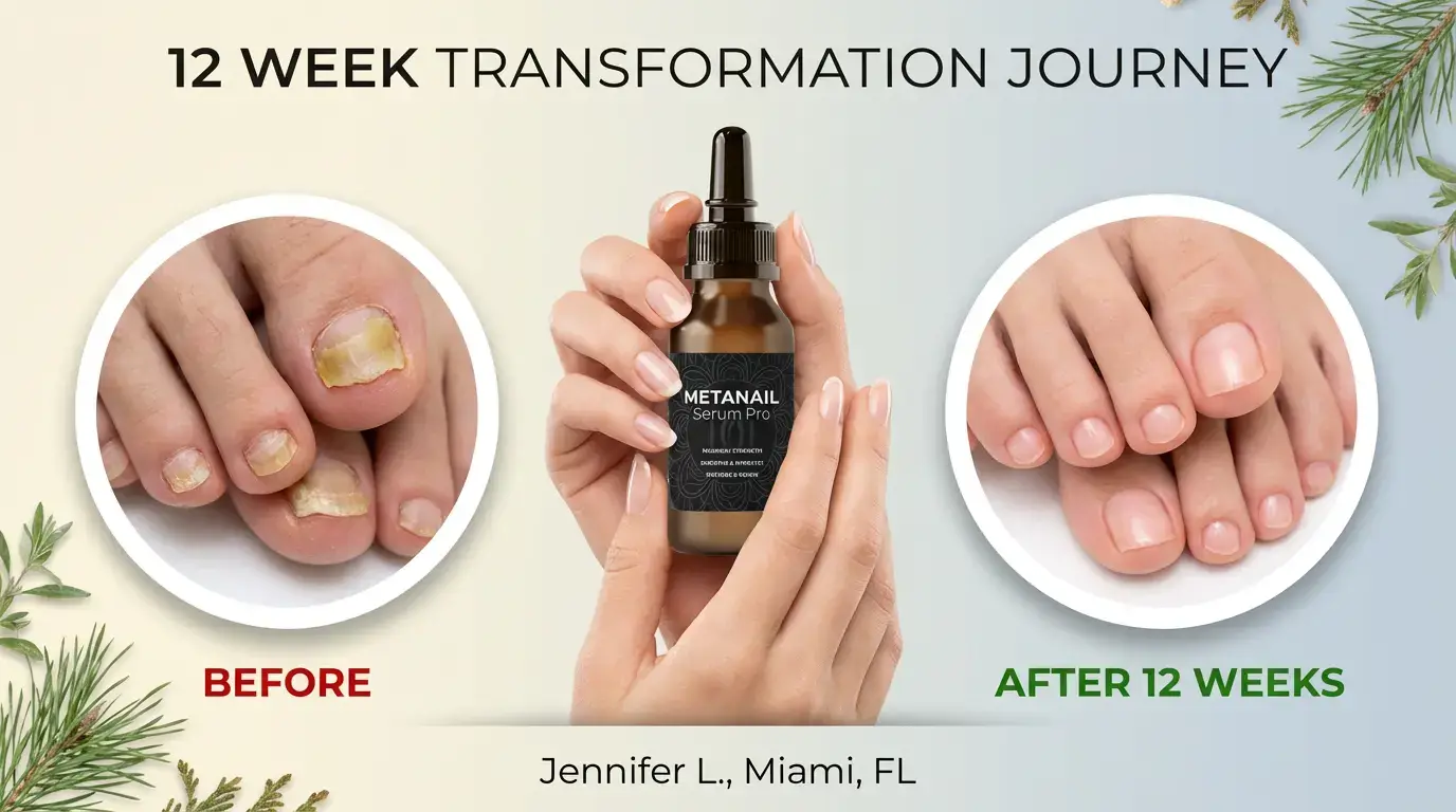 MetaNail Serum Pro 12-week transformation testimonial showing hands holding product bottle with circular before and after images of toenail fungus treatment results