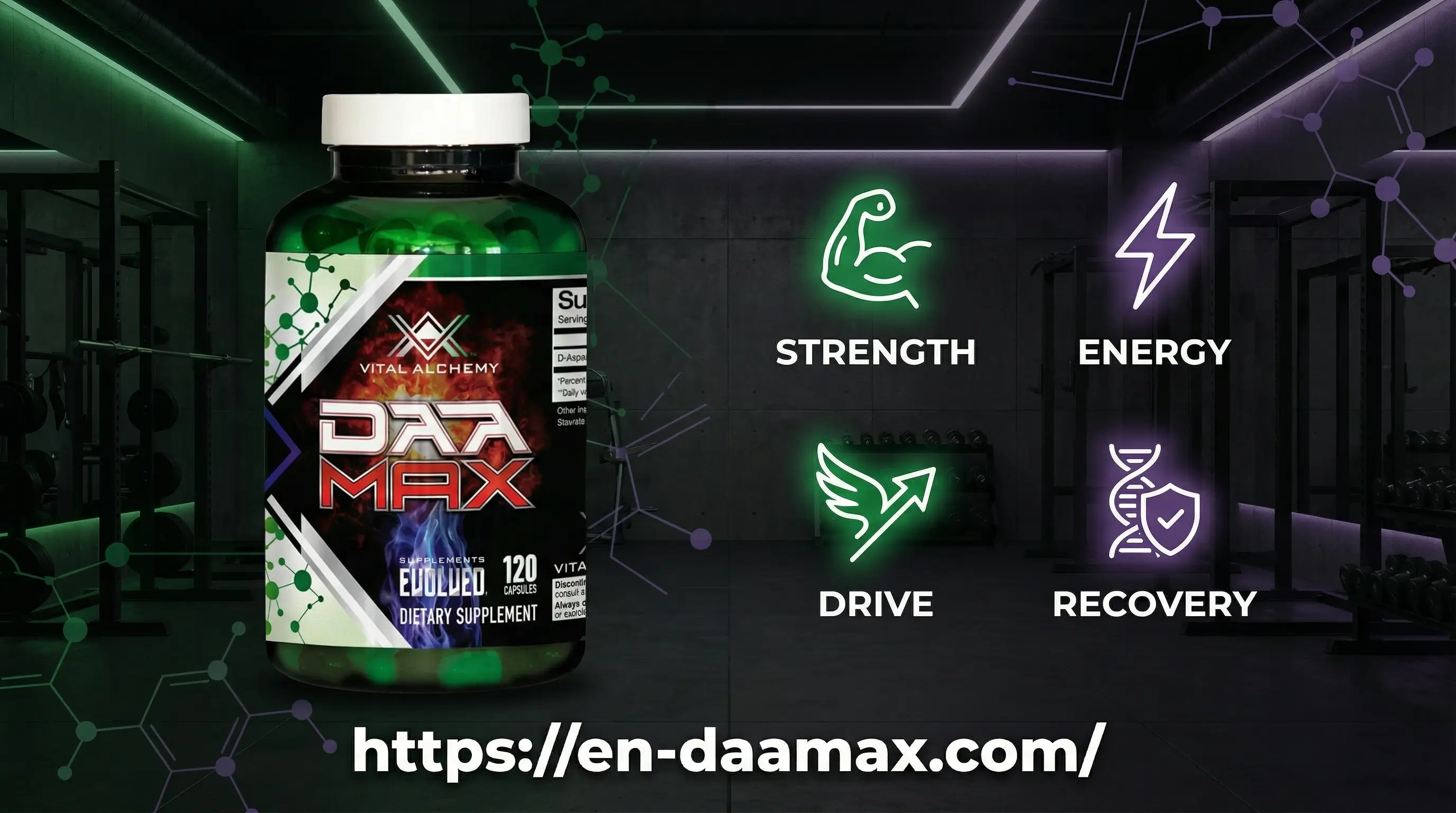 Dark gym and science style benefits overview banner with DAA Max bottle, four icons (Strength, Energy, Drive, Recovery), and https://en-daamax.com/