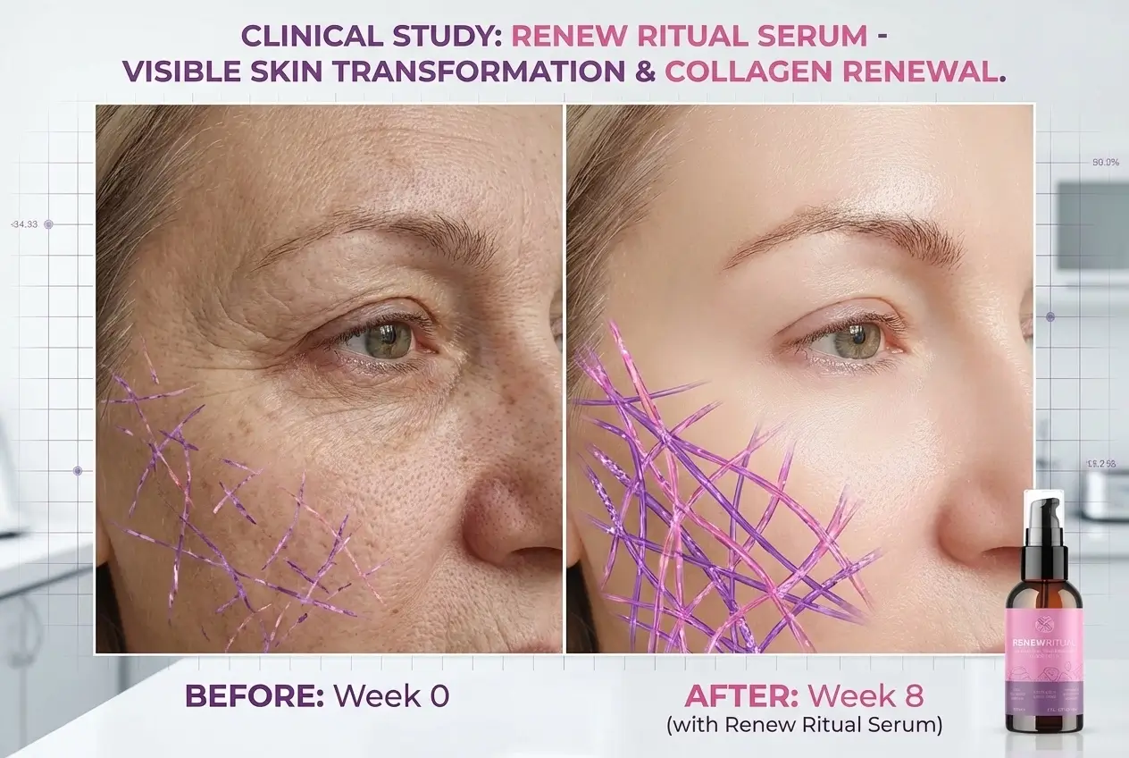 Renew Ritual Serum clinically-proven anti-aging before and after results showing reduced wrinkles, improved skin texture, and collagen boost with Juvinity technology