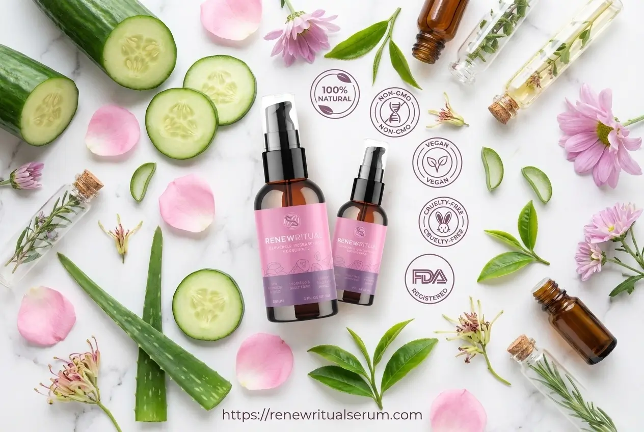 Renew Ritual Serum 100% natural ingredients including cucumber extract, aloe vera, chrysin, plant-based antioxidants, non-GMO vegan cruelty-free formula made in FDA-registered GMP-certified facility