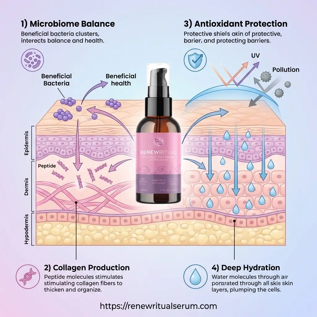 Scientific diagram showing how Renew Ritual Serum works on skin through microbiome balance, collagen production with peptides, antioxidant environmental protection, and deep hydration across skin layers