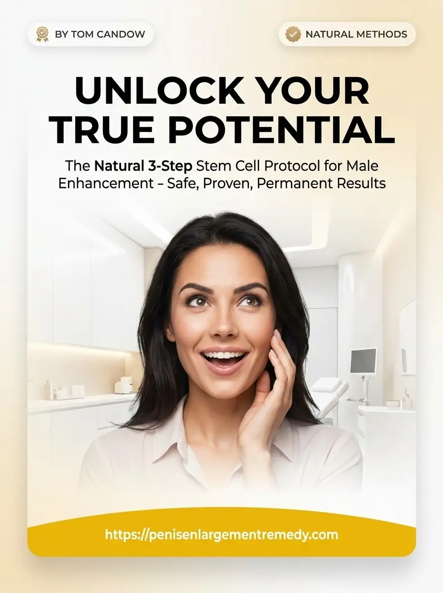 Unlock Your True Potential - Penis Enlargement Remedy E-Book Cover featuring Natural 3-Step Stem Cell Protocol for Male Enhancement by Tom Candow