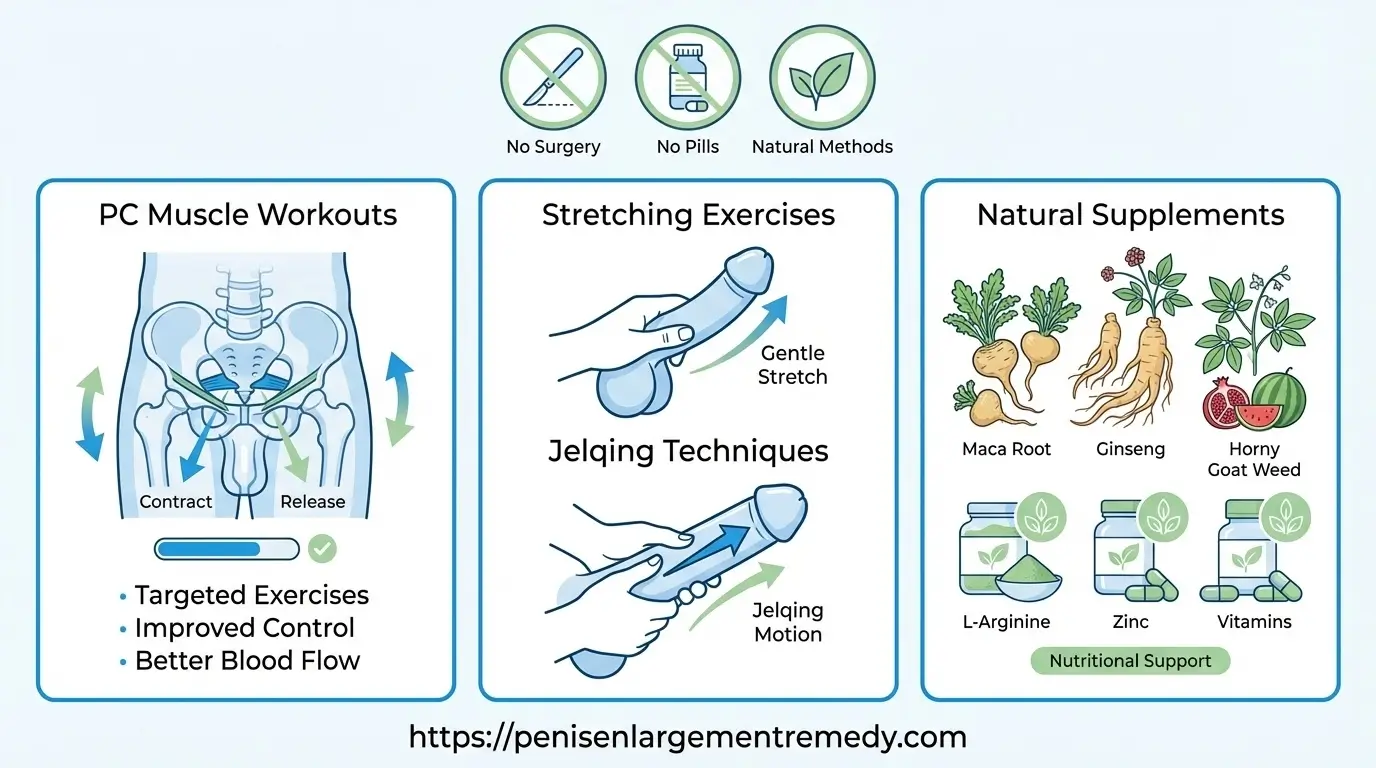 Natural Enlargement Techniques - Penis Enlargement Remedy exercise-based methods including stretching, PC muscle workouts, jelqing techniques, and natural supplements