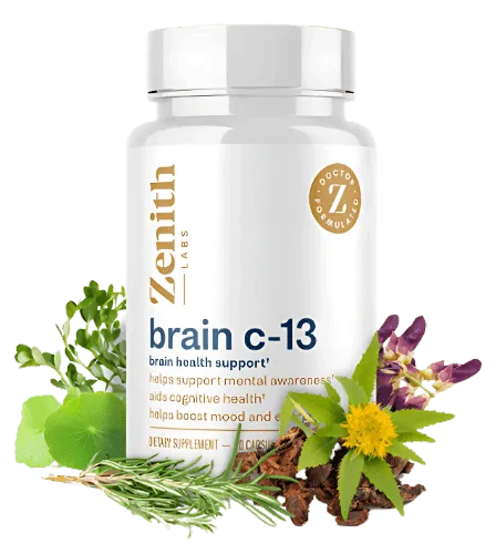 Brain C-13 cognitive support supplement bottle - natural brain health formula by Zenith Labs