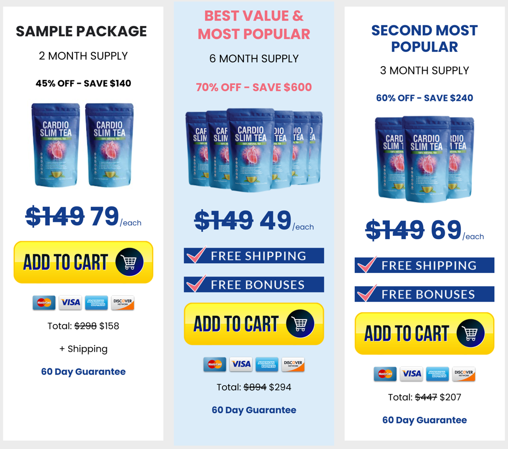 Cardio Slim Tea special pricing packages for weight management and blood pressure support