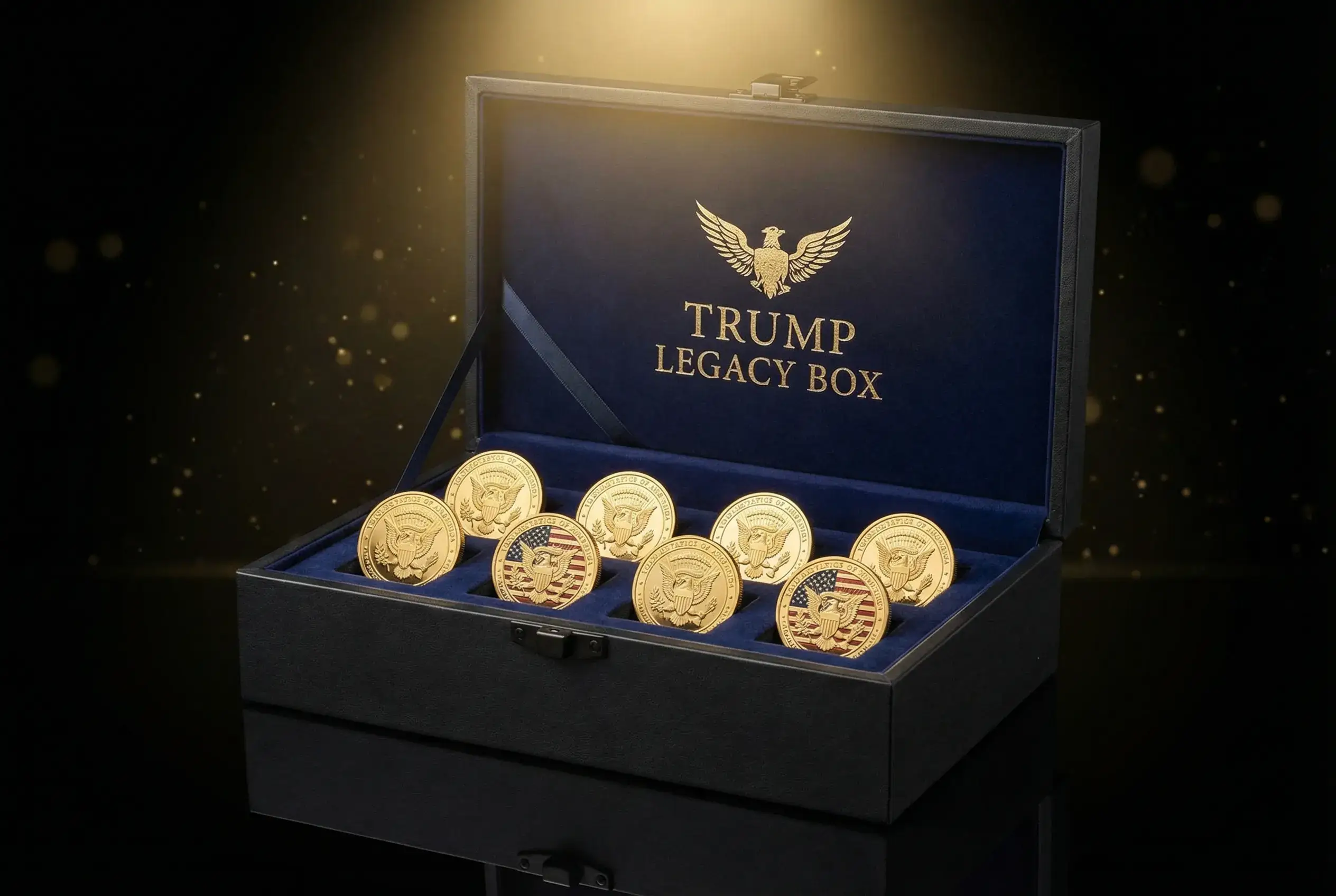 Trump Legacy Box open display case with commemorative tokens arranged on navy-blue velvet interior