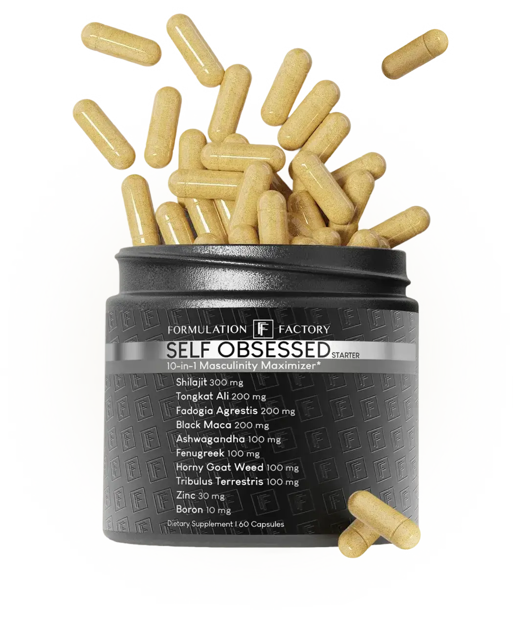 Self Obsessed supplement bottle — Formulation Factory 10-in-1 masculinity maximizer formula